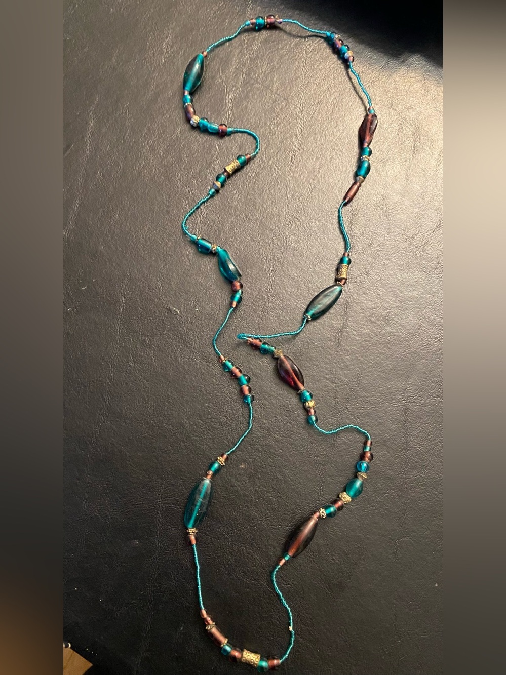 Vintage Turquoise Glass Beaded Long Necklace with Teardrop Accents